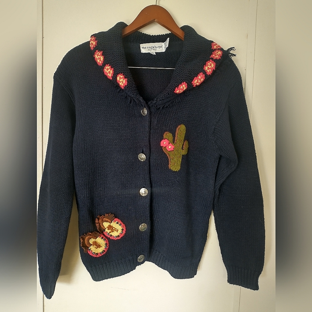 Vintage 1993 The Eagle's Eye Knit Sweater Concho Button Southwestern Blue Size M